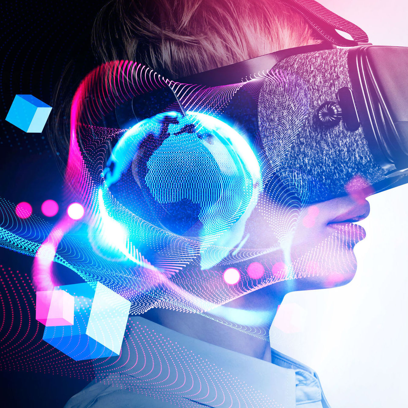 Office woman in vr glasses, metaverse hologram and cyberspace